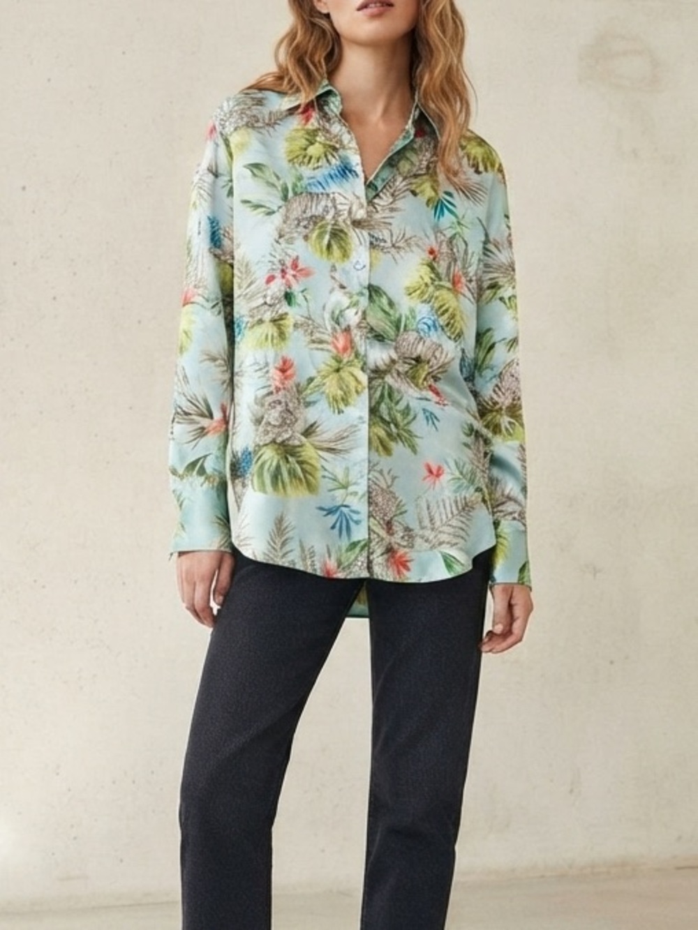 Zara Tropical Tiger Print Button Down Silky Shirt Size XS Oversized Green